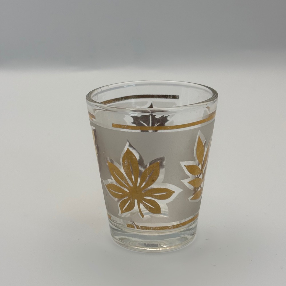Vintage Floral Shot Glass Gold Frosted Leaves Barware‎ Clear Drinking Glass